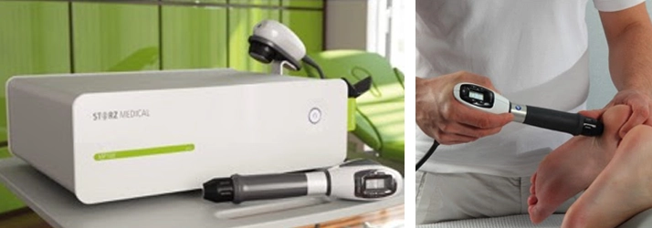 Integrated Health Care Clinic Calgary AB Shockwave Shockwave Machine and a person receiving shockwave on their foot.
